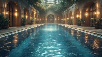 Obraz premium Indoor pool in a luxurious, arched hallway with lush greenery and soft lighting.