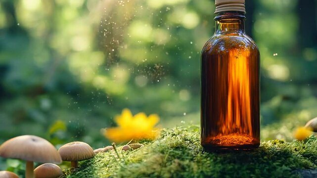 Mushroom elixir bottle in a mystical forest. Herbal medicine, natural remedies, and organic healing concepts.