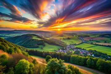 Obraz premium Panoramic Long Exposure View of Oestricher Burgberg at Sunset, Germany