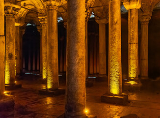 Illuminated Interior of an Ancient Underground Columned Structure, Istanbul, Turkey