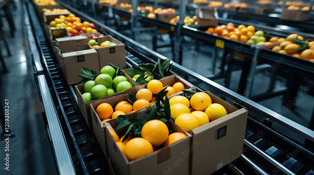 Poster an overhead view of rows of conveyor belts transporting boxes of fresh fruit, including citrus and t