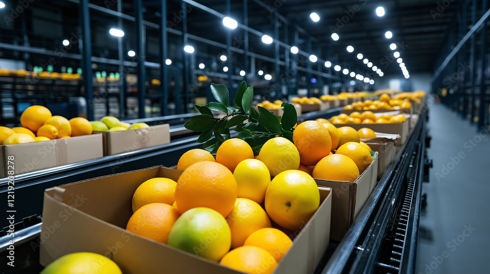 Poster an overhead view of rows of conveyor belts transporting boxes of fresh fruit, including citrus and t