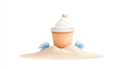 Colorful sandcastle with whipped cream topping on sandy beach in a minimalist style illustration