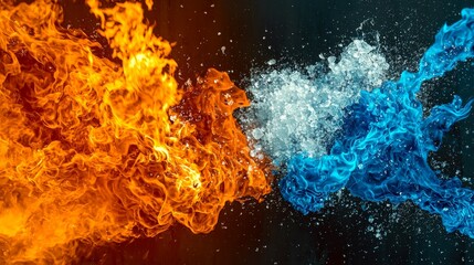 overlay, scatter and fusion concept. Fire and water collide, creating dynamic visual contrast with vibrant colors.