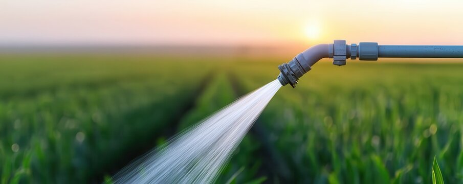 Watering crops with irrigation system at sunset