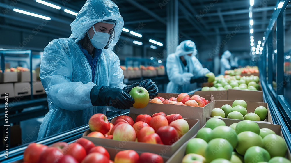Poster Workers in insulated gear inspecting boxes of fresh apples and kiwis as they move on a conveyor system in a chilled warehouse environment.
