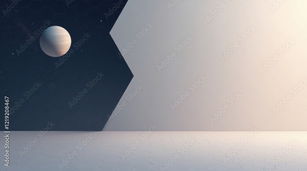 Poster Abstract Celestial Interior Design with Hexagonal Floor and Wall Section Featuring a Distant Planet