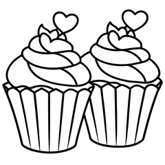 Stylized Cupcakes and Hearts in Minimal Line Art
