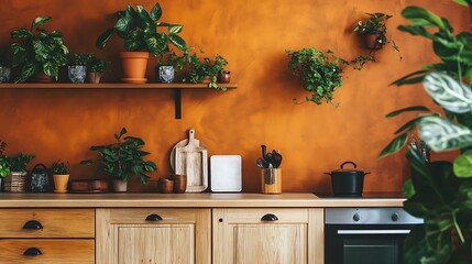 Modern Kitchen Interior with Plants and Orange Wall