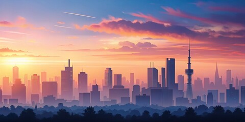 Fototapeta premium Panoramic Minimalist City Silhouette at Pink Sunset - Stock Photo