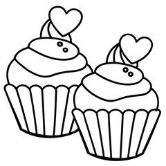 Stylized Cupcakes and Hearts in Minimal Line Art