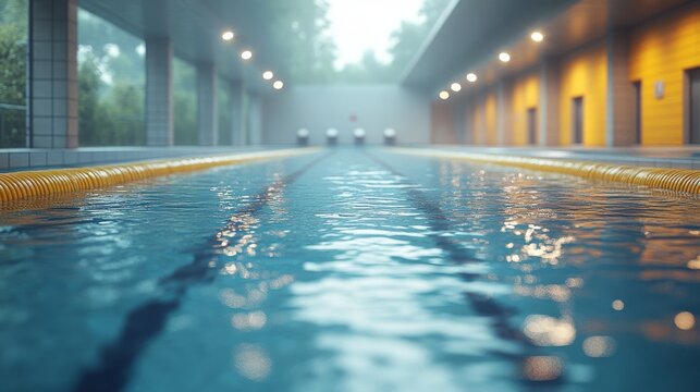 Indoor swimming pool with lane lines, starting blocks, and yellow lane dividers.