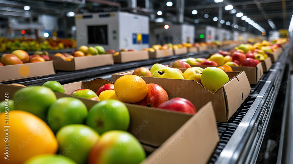 Poster a visually striking array of fruit boxes with vibrant labels on a conveyor belt, with cooling units 