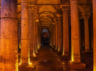 Illuminated Interior of an Ancient Underground Columned Structure, Istanbul, Turkey