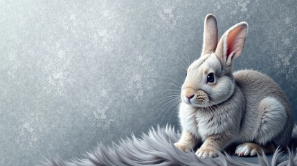 A sweet young bunny rabbit sits on a soft gray fur, posing elegantly against a textured backdrop.