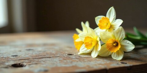 Obraz premium Delicate pale yellow daffodils with vibrant orange centers rest gently on a rustic wooden surface
