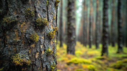 Obraz premium Mossy pine tree bark close-up, forest background, nature texture, environmental use