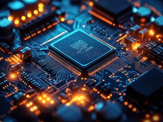 Close-up view of modern tech circuit board. Complex circuitry, components highlighted with bright orange, blue light. Intricate design shows advanced tech innovation, high-tech development. Image