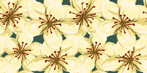 Fototapeta premium Blooming large flowers pattern. Abstract artistic florals seamless printing on a green background. Vector hand drawn. Painted ornament for designs, fabric, textiles,