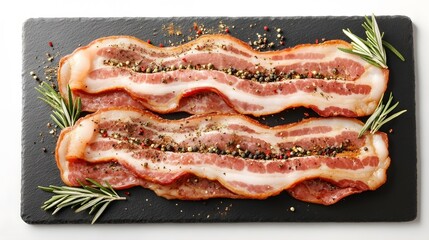 Obraz premium Delicious Spicy Bacon Strips on Slate Board with Rosemary