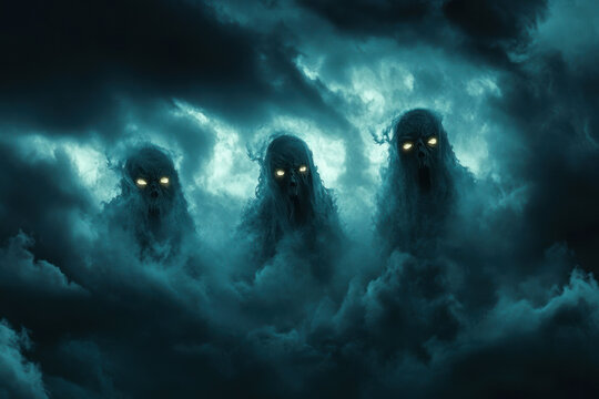 
Dark clouds, dark sky, a scary atmosphere, a night scene, a horror movie poster, dark clouds in the shape of ghostly faces looking down from black skies, stormy clouds, dark and ominous.