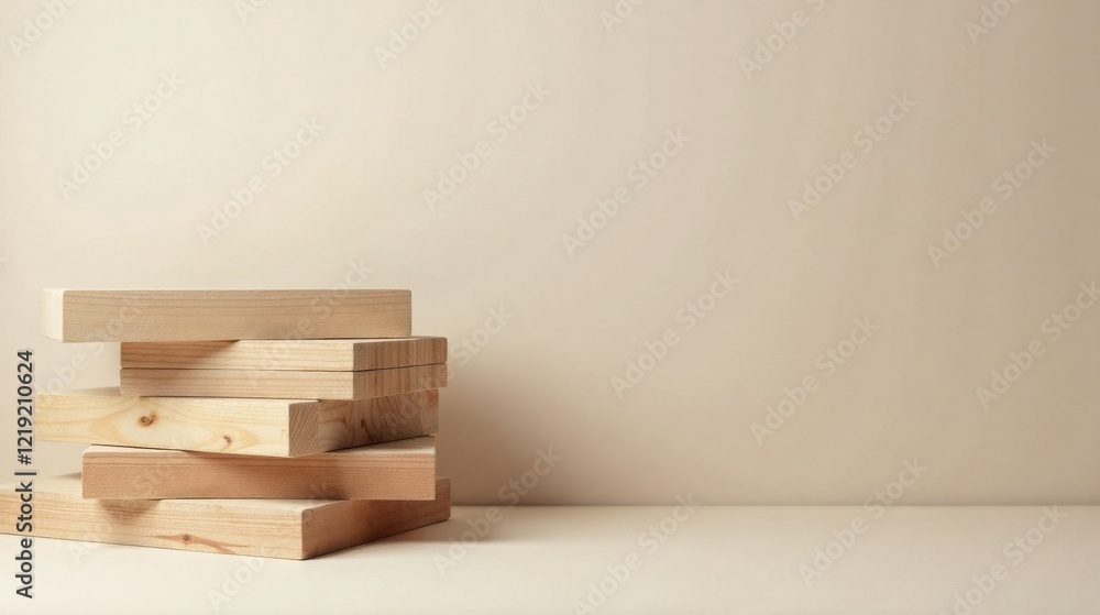 Poster Neatly Stacked Wooden Blocks Against a Neutral Background, Ideal for Product Placement or Minimalist Design Concepts