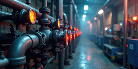 Industrial Pipework with Glowing Indicators in a Dark Factory Setting