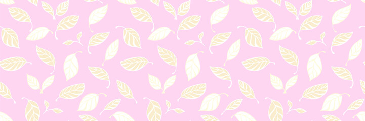 Abstract yellow leaves seamless pattern on pastel pink background. Vector hand drawn creative shape leaf print. Contemporary minimalist ornament for cover, fabric, children's textile, surface design,