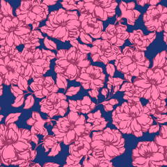 Burgundy abstract artistic seamless floral pattern. Blooming meadow print on dark background. Vector hand drawing stylized peonies, rose. Nature ornament for designs, textile, fashion