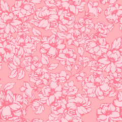 Pink monotone pattern with blooming meadow. Abstract artistic florals seamless print on pastel background. Vector hand drawing stylized peonies, rose. Ornament for fabric designs, textile, fashion