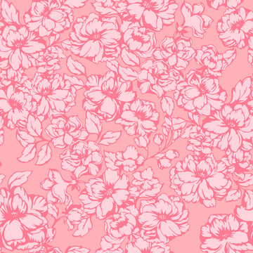 Pink monotone pattern with blooming meadow. Abstract artistic florals seamless print on pastel background. Vector hand drawing stylized peonies, rose. Ornament for fabric designs, textile, fashion