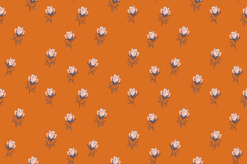 Seamless tiny floral pattern with abstract cute rose on vintage orange background. Vector hand drawn sketch ditsy flowers print. Minimalist ornament for fabric, surface designs, children textiles