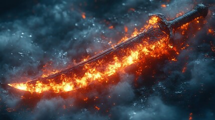 Flaming sword, dark fantasy, battle scene, game asset