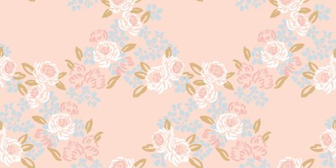 Abstract, artistic shapes rose flowers intertwined in a seamless pattern on a pastel background. Blooming brush floral print. Vector hand drawn sketch. Nature ornament