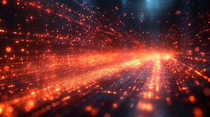 Fototapeta premium Glowing particles stream, digital tunnel, dark background, futuristic design