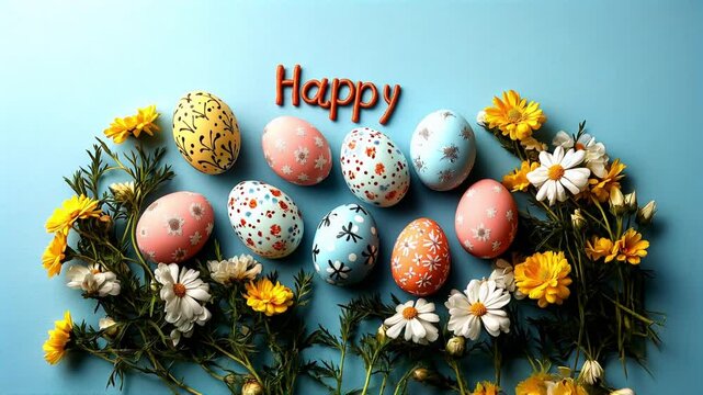 Festive arrangement of pastel-painted Easter eggs, daisies, and yellow blooms on a blue background with Happy text seamless looping overlay 4k video.