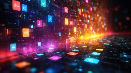 Digital app icons flow, glowing network, futuristic data visualization, tech background, website banner