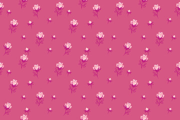 Seamless cute floral pattern with abstract tiny rose, buds. Vector hand drawn sketch ditsy flowers print on a pink background. Minimalist ornament for  fabric, surface designs, children textiles,