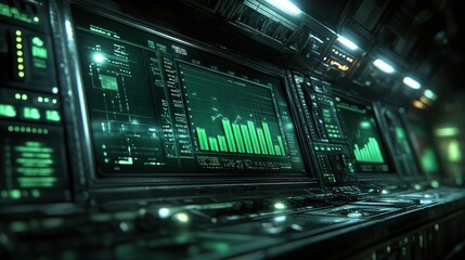 Futuristic control panel with green digital displays showing data graphs.