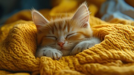 Kitten sleeping soundly, yellow blanket, cozy home, sunlit room, pet adoption