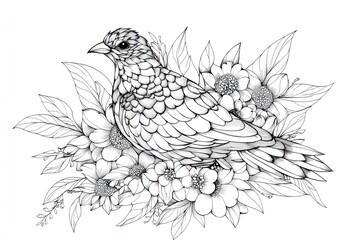 Fototapeta premium This intricate sketch features a bird perched among blooming flowers and leaves, perfect for a relaxing coloring activity that promotes creativity and mindfulness