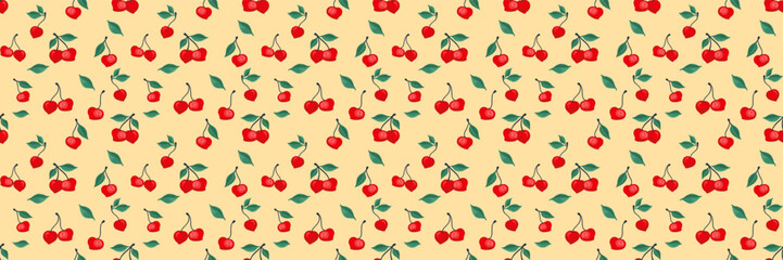 Summer retro pattern with creative tiny cherry with small leaves. Abstract artistic red berries, fruits, green leaf, seamless print on a yellow background. Vector hand drawing painted. Design ornament
