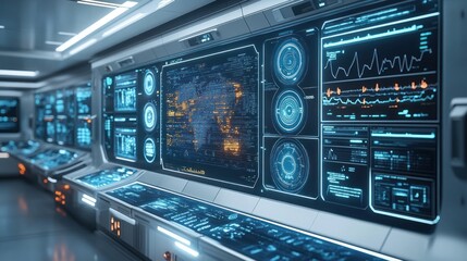Futuristic control room interior with large digital displays showing data and information.