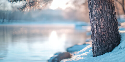 A blurred photograph of an icy lake in winter, with snow-covered rocks and trees on the shore. 