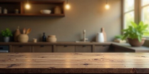 Rustic Wooden Tabletop in a Warm and Inviting Kitchen Setting with Blurry Background