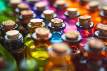 Obraz premium Collection of colorful glass bottles with cork stoppers arranged closely together. Macro photography showcasing vibrant colors and detailed textures.