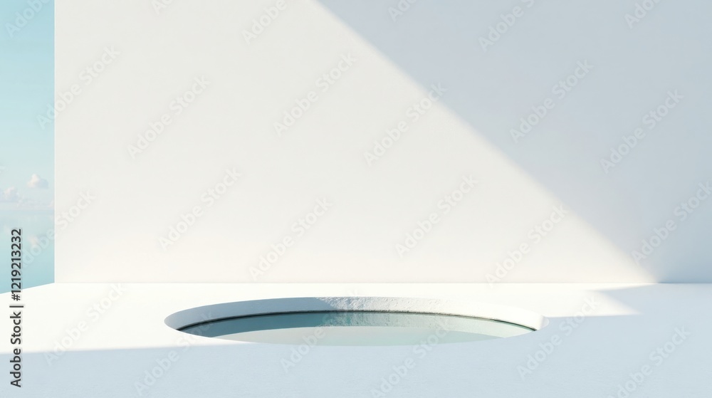 Poster serene minimalist interior design featuring a recessed oval pool reflecting a calm sky