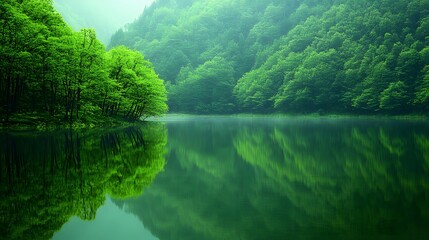 Serene Green Lake Reflected in Lush Forest