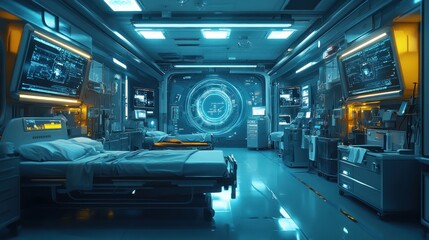 Obraz premium Futuristic hospital ward with two beds and advanced medical technology.