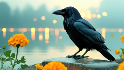 Fototapeta premium Dark raven, perched, marigold flowers, bokeh lights, reflective water surface, teal and orange color palette, moody atmosphere, cinematic lighting, high detail, 4k resolution, digital art 